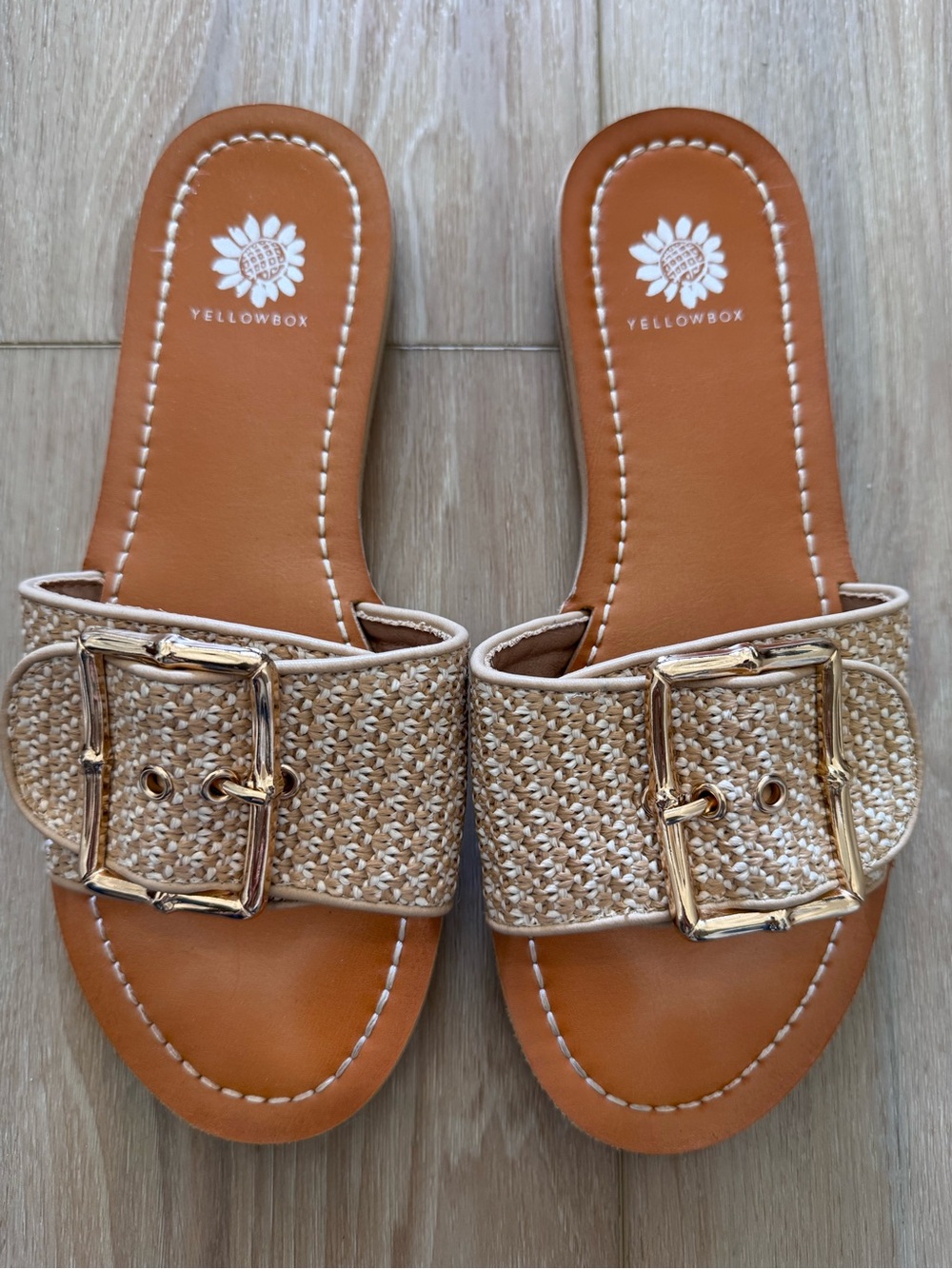 Yellow Box Tan Raffia Slide Sandals with Gold Buckle